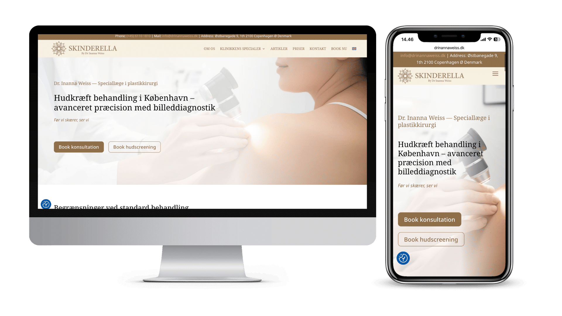 Professionel hjemmeside for Skinderella by Dr Inanna Weiss – plastikkirurgi og avanceret hudkræftkirurgi i København med integreret bookingsystem.